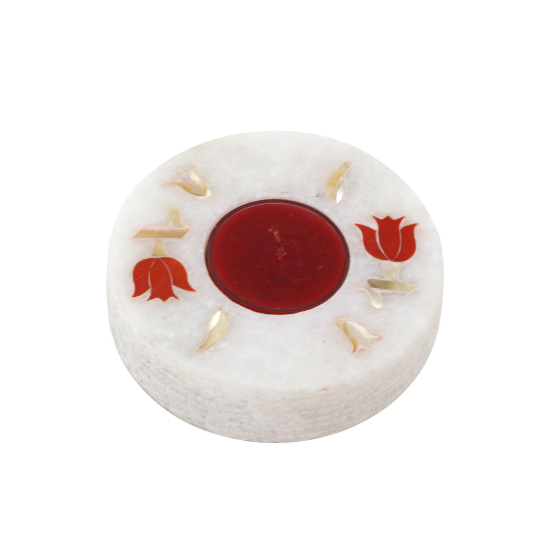 The Home T-Light Holder Marble Hand Painted Round Flat Red Inlay TLH-106